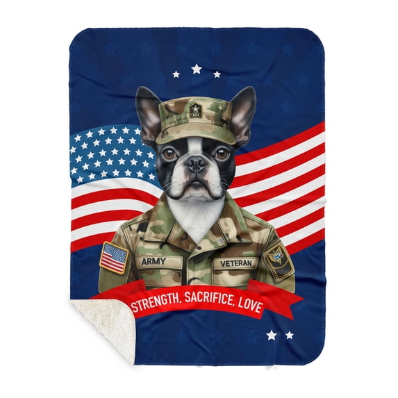 Happy Father's Day Honoring Veterans Boston Terrier in Army Uniform Cozy Sherpa Blanket Gentleman Dog Lover Gifts Warm Soft Throw Blanket - 13007