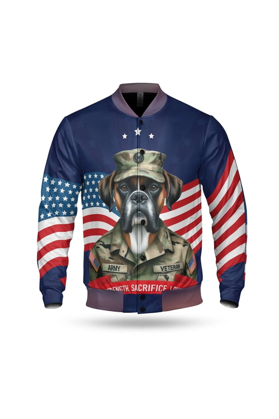 Happy Father's Day Honoring Veterans Boxer in Army Uniform All Over Print 3D Baseball Jacket Boxers Dog Lover Gifts Idea Bomber Jacket Softball - 13007