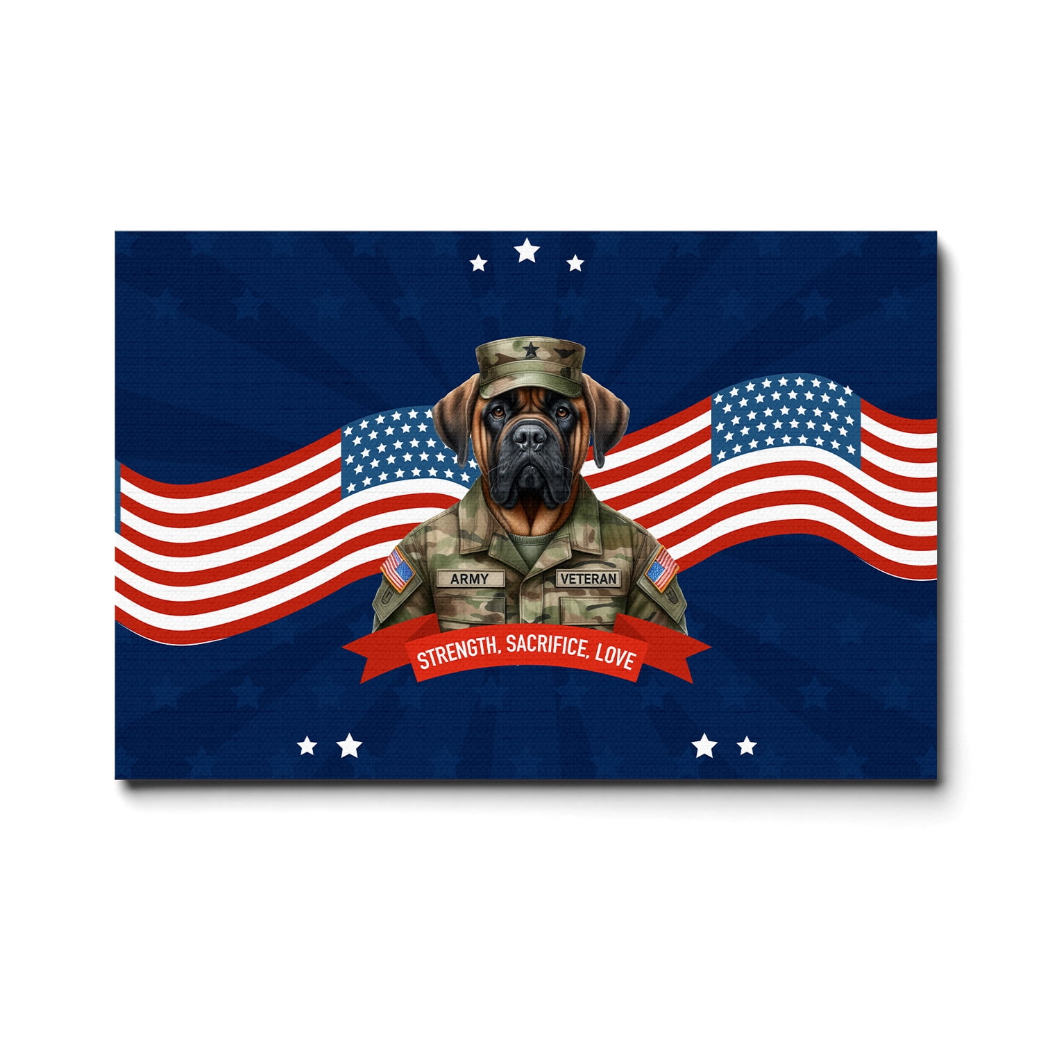 Happy Father's Day Honoring Veterans Bullmastiff in Army Uniform Horizontal Matte Canvas Poster Dog Lover Wall Art Home Decor - 13007