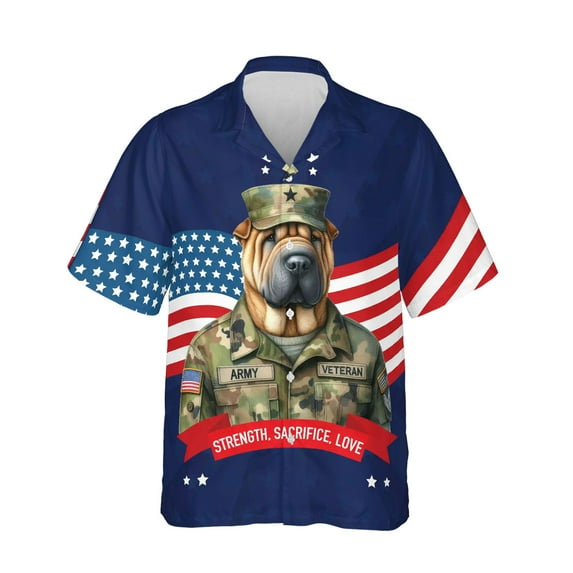 Happy Father's Day Honoring Veterans Chinese Shar-Pei in Army Uniform Hawaiian Shirt Breathable Summer Unisex Merch Dog Lover - 13007