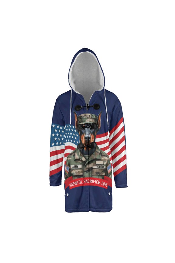 Happy Father's Day Honoring Veterans Doberman Pinscher in Army Uniform All Over Print 3D Hooded Duffle Toggle Coat Doberman Dog Lover Gifts - 13007