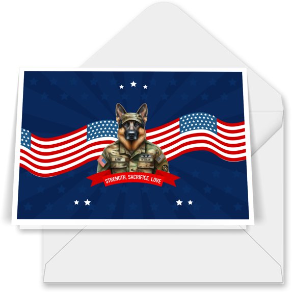 Happy Father's Day Honoring Veterans German Shepherd in Army Uniform 7x5in Folded Greeting Card Alsatian Dog Lover Gifts Single Note Card with Envelope - 13007