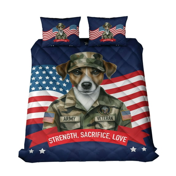 Happy Father's Day Honoring Veterans Jack Russell Terrier in Army Uniform Quilt Bedding Set Parson Jack Dog Lover 1 Blanket Bed Cover 2 Pillowcases - 13007