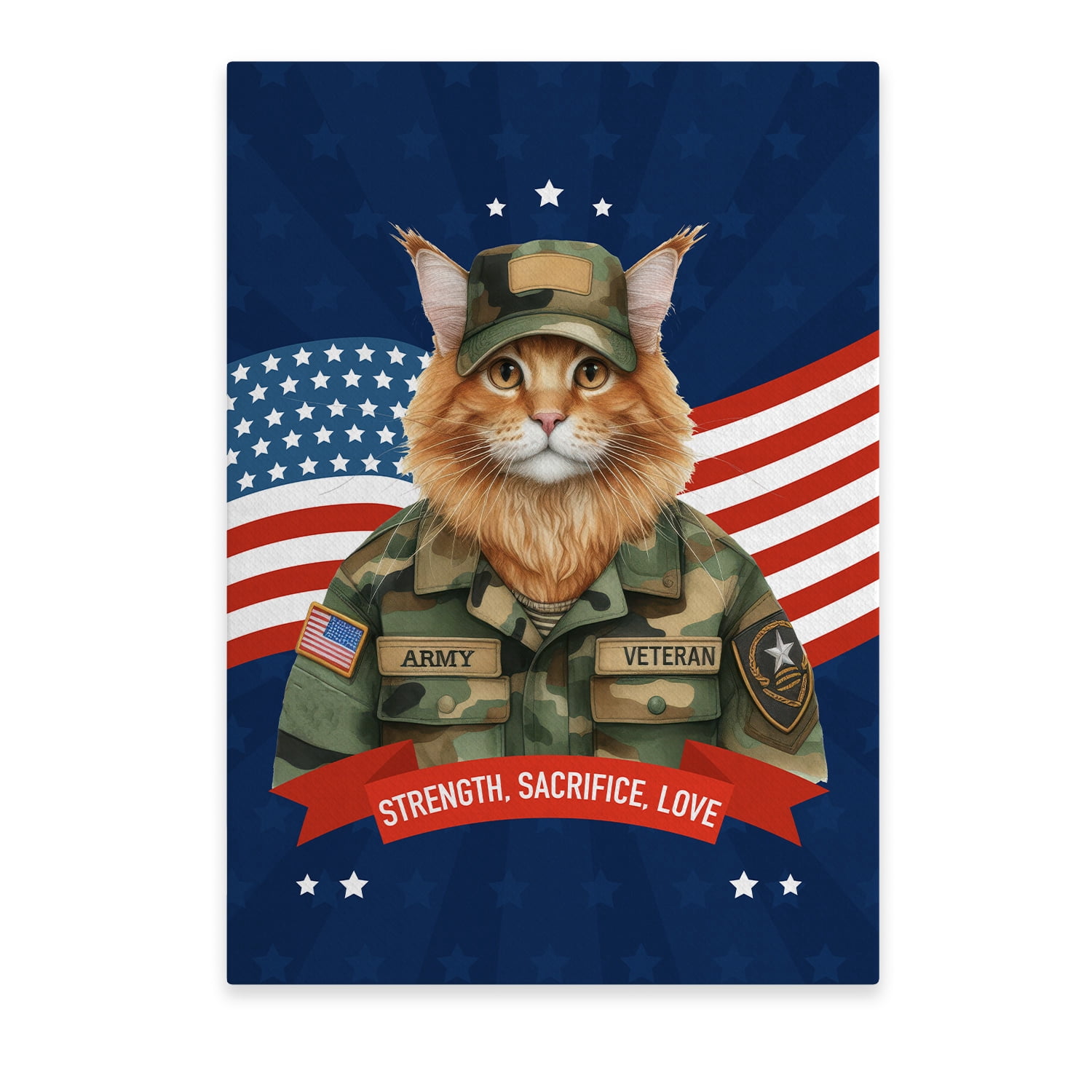 Happy Father's Day Honoring Veterans Maine Coon in Army Uniform Vertical Matte Canvas Poster Cat Lover Kitten Owner Gifts Wall Art Home Decor - 13007