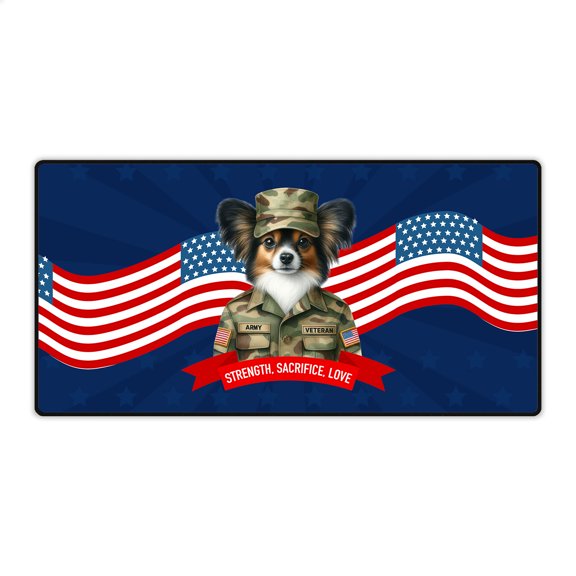 Happy Father's Day Honoring Veterans Papillon in Army Uniform Desk Mat Full Keyboard Mouse Pad Pap Butterfly Dog Lover Large Mousepad - 13007