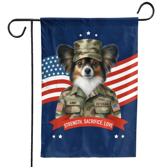 Happy Father's Day Honoring Veterans Papillon in Army Uniform Garden Flag 12x18in Double Sided Pap Butterfly Dog Lover Outdoor Decor - 13007