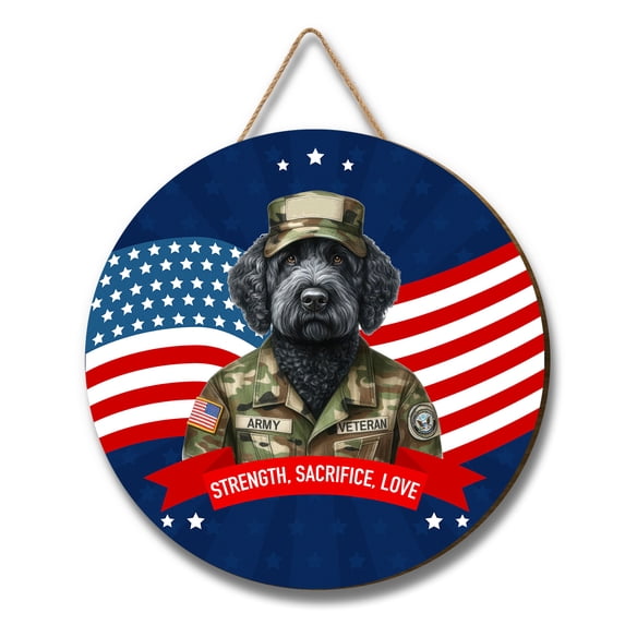 Happy Father's Day Honoring Veterans Portuguese Water Dog in Army Uniform Round Wood Sign PWD Portie Fishing Dog Lover Hanging Wall Home Decor - 13007