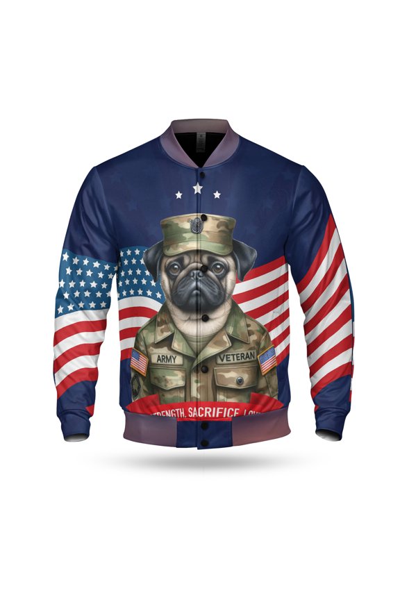 Happy Father's Day Honoring Veterans Pug in Army Uniform All Over Print 3D Baseball Jacket Dog Lover Gifts Bomber Jacket Softball - 13007