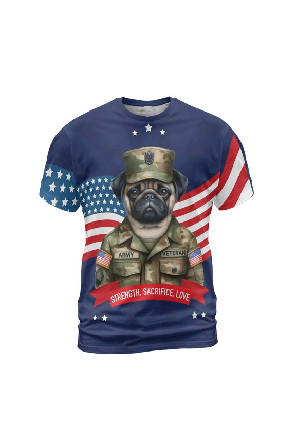 Happy Father's Day Honoring Veterans Pug in Army Uniform All Over Print 3D Shirt Unisex Merch Dog Lover Gifts - 13007