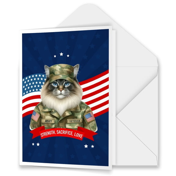 Happy Father's Day Honoring Veterans Ragdoll in Army Uniform 5x7in Folded Greeting Card Cat Lover Kitten Owner Gifts Idea Single Note Card with Envelope - 13007
