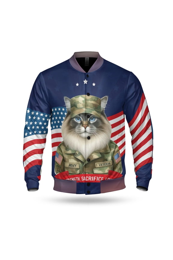 Happy Father's Day Honoring Veterans Ragdoll in Army Uniform All Over Print 3D Baseball Jacket Cat Lover Kitten Owner Gifts Idea Bomber Jacket Softball - 13007
