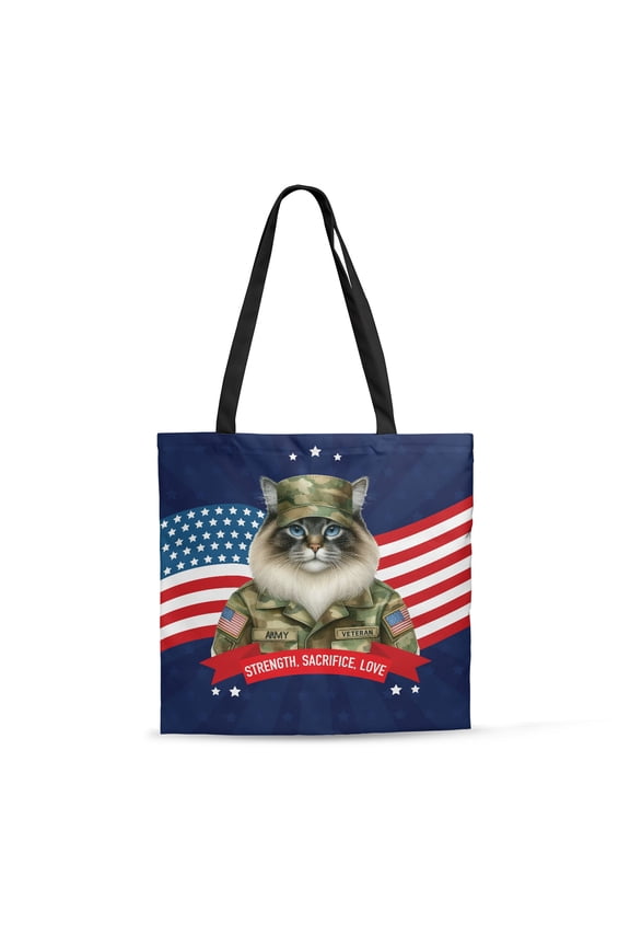 Happy Father's Day Honoring Veterans Ragdoll in Army Uniform All Over Print 3D Canvas Tote Bag Cat Lover Kitten Owner Gifts Idea Reusable Handbag - 13007