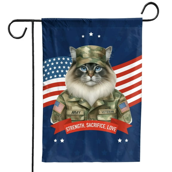Happy Father's Day Honoring Veterans Ragdoll in Army Uniform Garden Flag 12x18in Double Sided Cat Lover Kitten Owner Gifts Idea Outdoor Decor - 13007