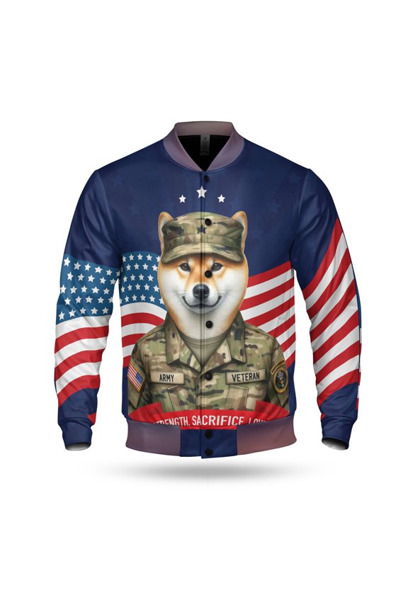 Happy Father's Day Honoring Veterans Shiba Inu in Army Uniform All Over Print 3D Baseball Jacket Shibas Dog Lovers Gifts Idea Bomber Jacket Softball - 13007