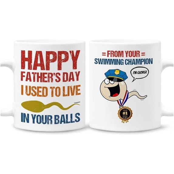 Happy Father's Day I Used To Live In Your Balls Personalized Police Dad Mug From Your Swimming Champion Mugs Fathers Day Birthday Christmas Gifts For Bonus Dad Step Dad 11 Oz 15 Oz Coffee Mug