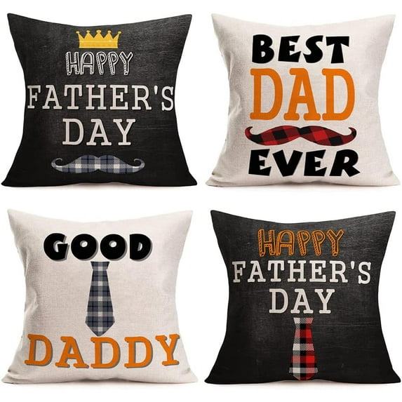 Happy Father''s Day Inspirational Quote Pillow Covers 18 X 18 Inch Buffalo Plaid Tie Mustache Decorative Cushion Cover Best Dad Ever Good Daddy Modern Home Decor Pillowcases Set of 4 (FD)