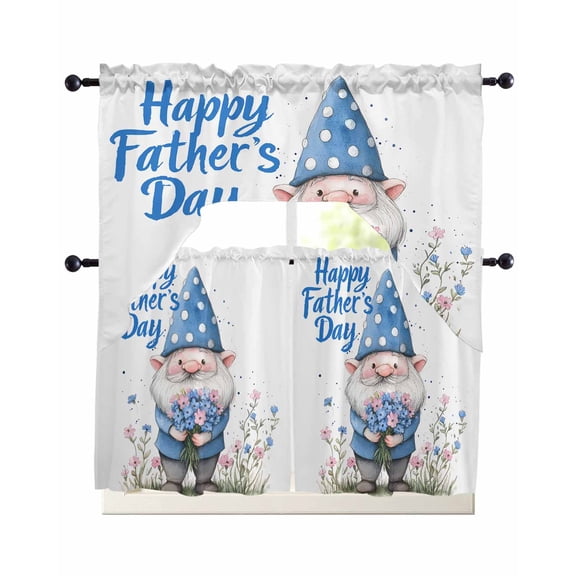 Happy Father's Day Kitchen Curtains Sets 24 Inch Length with Valance, Blue Gnomes Garden Floral Swag Valances and Tiers Curtain Set Drapes Swag Curtains for Living Room, Bathroom, Bedroom, Cafe