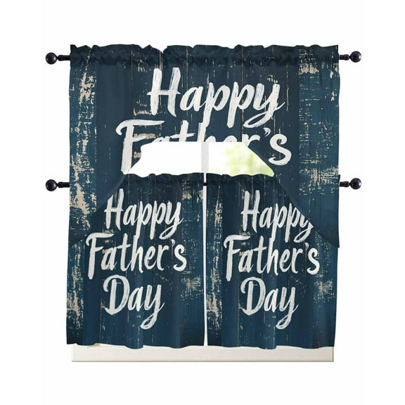 Happy Father's Day Kitchen Curtains Sets 24 Inch Length with Valance, Dark Blue Shabby Wooden Grain Swag Valances and Tiers Curtain Set Drapes Swag Curtains for Living Room, Bathroom, Bedroom, Cafe