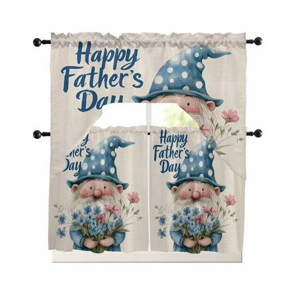 Happy Father's Day Kitchen Curtains Sets 36 Inch Length with Valance, Blue Gnomes Floral Linen Swag Valances and Tiers Curtain Set Drapes Swag Curtains for Living Room, Bathroom, Bedroom, Cafe