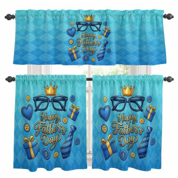 Happy Father's Day Kitchen Curtains and Valances Set, Blue Glass Belts Button Rustic Diamond Rod Pocket Window Valance Window Curtain Panels for Living Room Bedroom Laundry, 27.5x36in, 3 Pieces