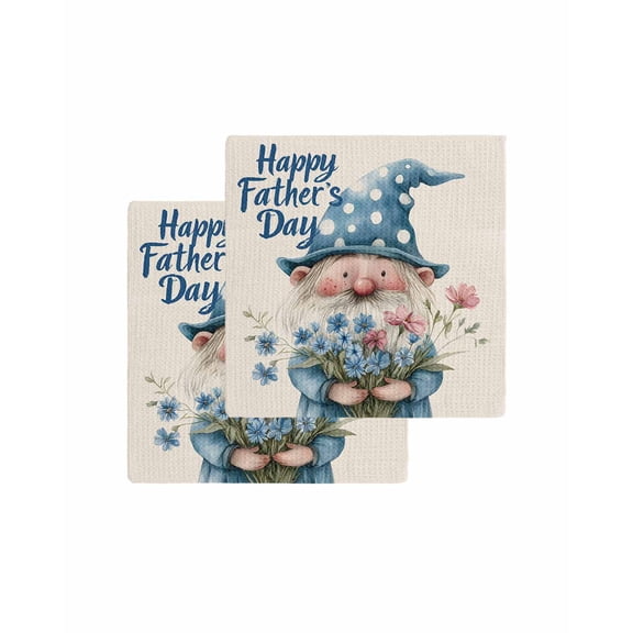 Happy Father's Day Kitchen Dish Towels for Drying Dishes Set of 2, Blue Gnomes Floral Linen Waffle Weave Microfiber Terry Hand Tea Bathroom Towels Quick Dry & Absorbent Towel 12x12