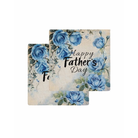 Happy Father's Day Kitchen Dish Towels for Drying Dishes Set of 2, Blue Spring Floral Vintage Waffle Weave Microfiber Terry Hand Tea Bathroom Towels Quick Dry & Absorbent Towel 12x12