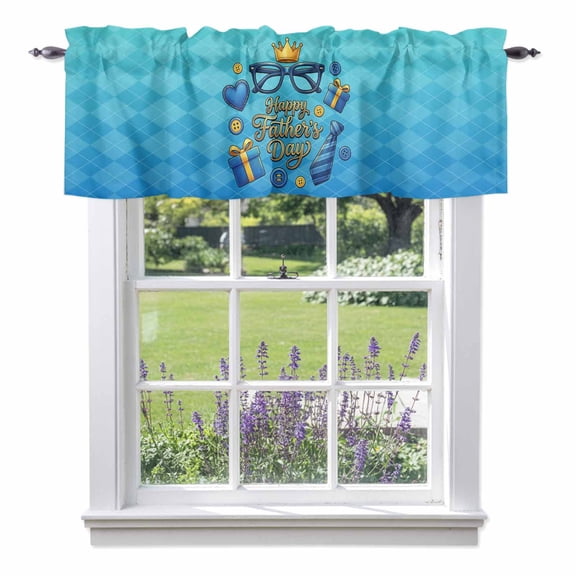 Happy Father's Day Light Filtering Valance Curtains, Blue Glass Belts Button Rustic Diamond Texture Rod Pocket Short Window Valance for Kitchen and Bathroom Windows 1 Panel 60"x18"