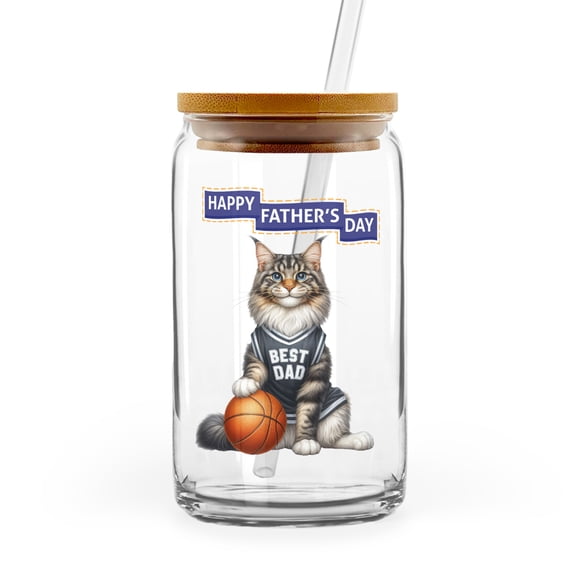 Happy Father's Day Maine Coon Playing Basketball with Best Dad Jersey 16oz Glass Cup Mug Cat Lover Kitten Owner Gifts Glass Can with Bamboo Lid and Straw - 13006