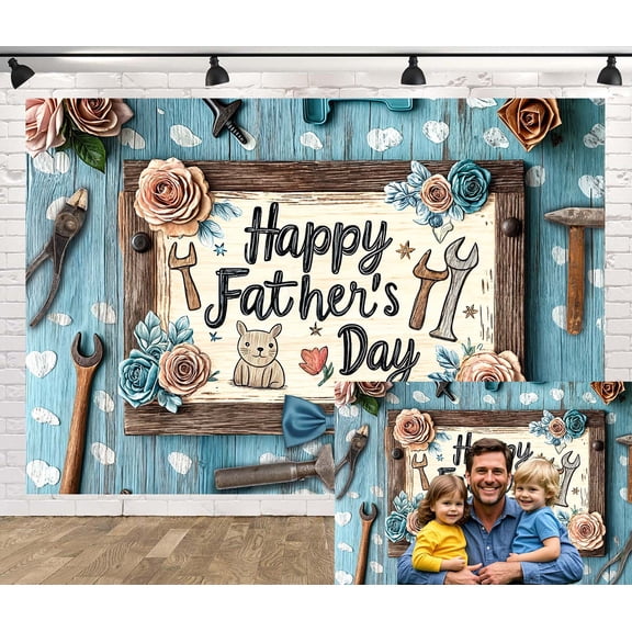 Happy Father's Day Photography Backdrops Blue Retro Wood Fathers Day Party Background Decoration Banner Thank You Daddy Family Cake Table Suppliess,7X5ft