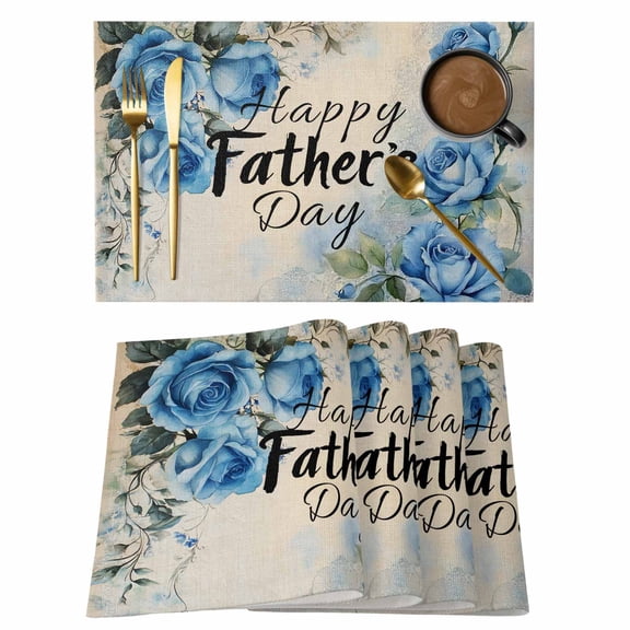 Happy Father's Day Placemats Set of 1, Blue Rose Linen Texture Non-Slip Place Mats Washable Table Mats for Kitchen Dining Table Decorations Indoor/Outdoor