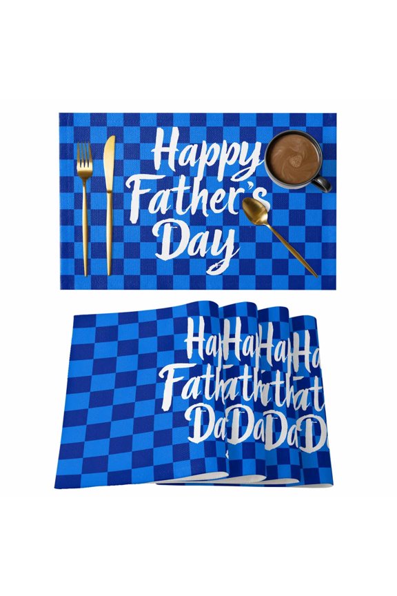 Happy Father's Day Placemats Set of 1, Modern Navy Blue and Sky Blue Plaid Non-Slip Place Mats Washable Table Mats for Kitchen Dining Table Decorations Indoor/Outdoor