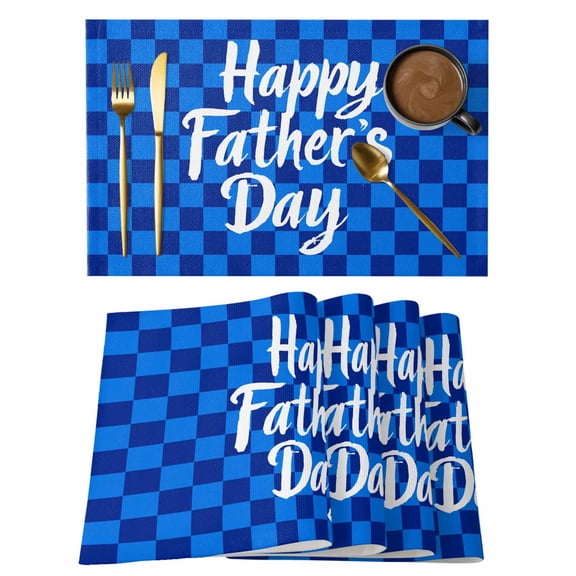 Happy Father's Day Placemats Set of 1, Modern Navy Blue and Sky Blue Plaid Non-Slip Place Mats Washable Table Mats for Kitchen Dining Table Decorations Indoor/Outdoor