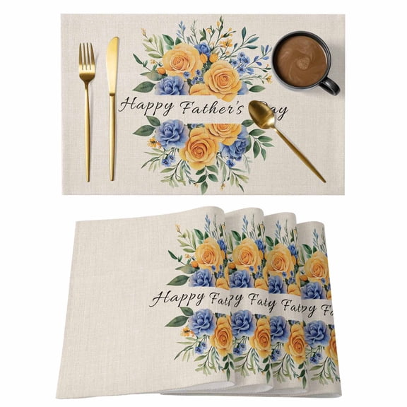 Happy Father's Day Placemats Set of 4 Floral Eucalyptus Leaves Retro Place Mats Indoor Wipeable Table Mats Washable Cloth Dining Table Placemats for Kitchen Holiday Party Home Decor 13x19 Inch