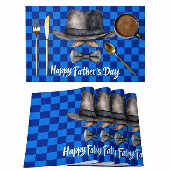 Happy Father's Day Placemats Set of 4 Funny Bow Beard Blue Check Place Mats Indoor Wipeable Table Mats Washable Cloth Dining Table Placemats for Kitchen Holiday Party Home Decor 13x19 Inch
