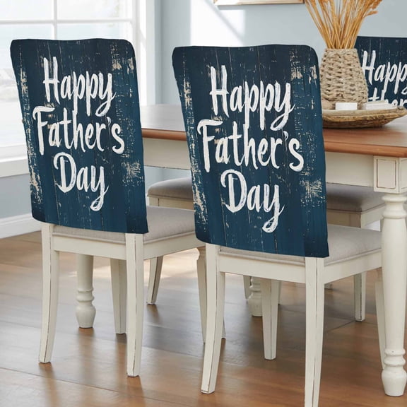 Happy Father's Day Quote Wood Chair Covers Set of 4 Retro Navy Blue Wooden Plank Chair Back Covers Stretch Removable Washable Slipcovers Protector for Dining Room Kitchen Party Decor