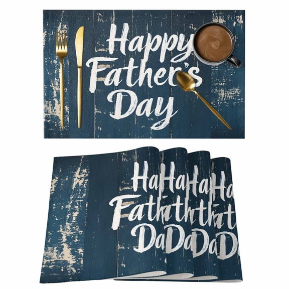Happy Father's Day Quote Wood Placemats Set of 6,Wipeable Washable Table Mats for Dining Tables, Retro Navy Blue Wooden Plank Place Mats for Kitchen Event Party Tabletop Decor