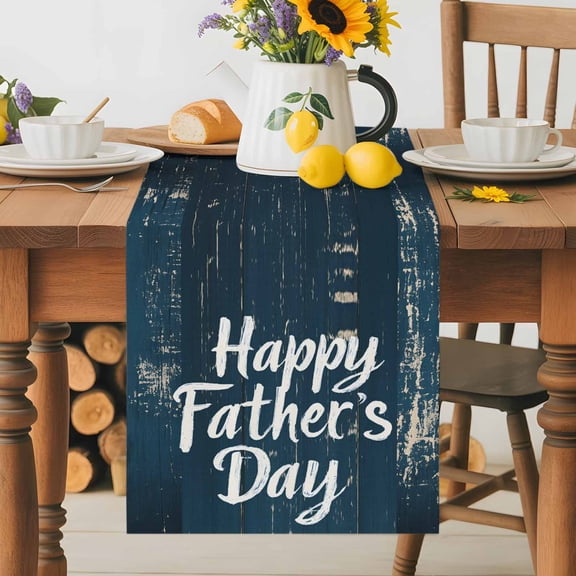 Happy Father's Day Quote Wood Table Runner 70 Inches Long, Retro Navy Blue Wooden Plank Table Runners Tabletop Scarf Kitchen Dining Tables Decoration for Home Party Indoor Outdoor