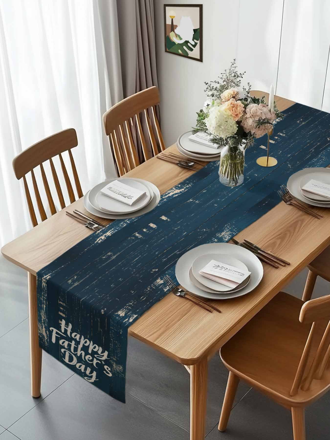 Happy Father's Day Quote Wood Table Runner 90 Inches Long, Retro Navy Blue Wooden Plank Table Runners Tabletop Scarf Kitchen Dining Tables Decoration for Home Party Indoor Outdoor