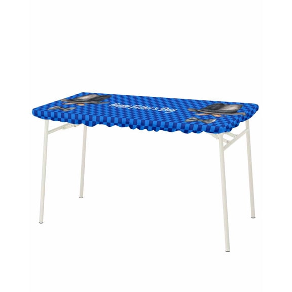 Happy Father's Day Rectangle Tablecloth, Waterproof Elastic Fitted Table Covers for 8 Foot Tables, 32x96inch Decorative Tablecloths for Picnic, Camping, Indoor, Outdoor, Funny Bow Beard Blue Check