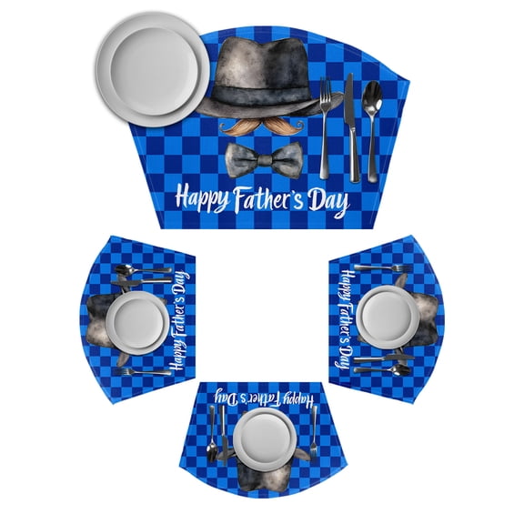 Happy Father's Day Round Table Placemats Set of 2 Wedge Placemats, Funny Bow Beard Blue Check Place Mats for Dining Table Set Washable Mats Kitchen Decor for Indoor Outdoor Wipe Clean