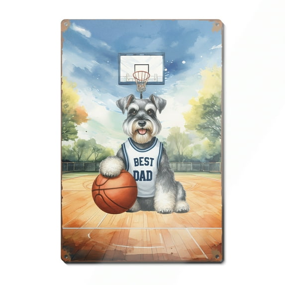Happy Father's Day Schnauzer Playing Basketball with Best Dad Jersey Vertical Metal Aluminum Sign Miniature Schnauzer Dog Lover Wall Art Home Decor - 13006