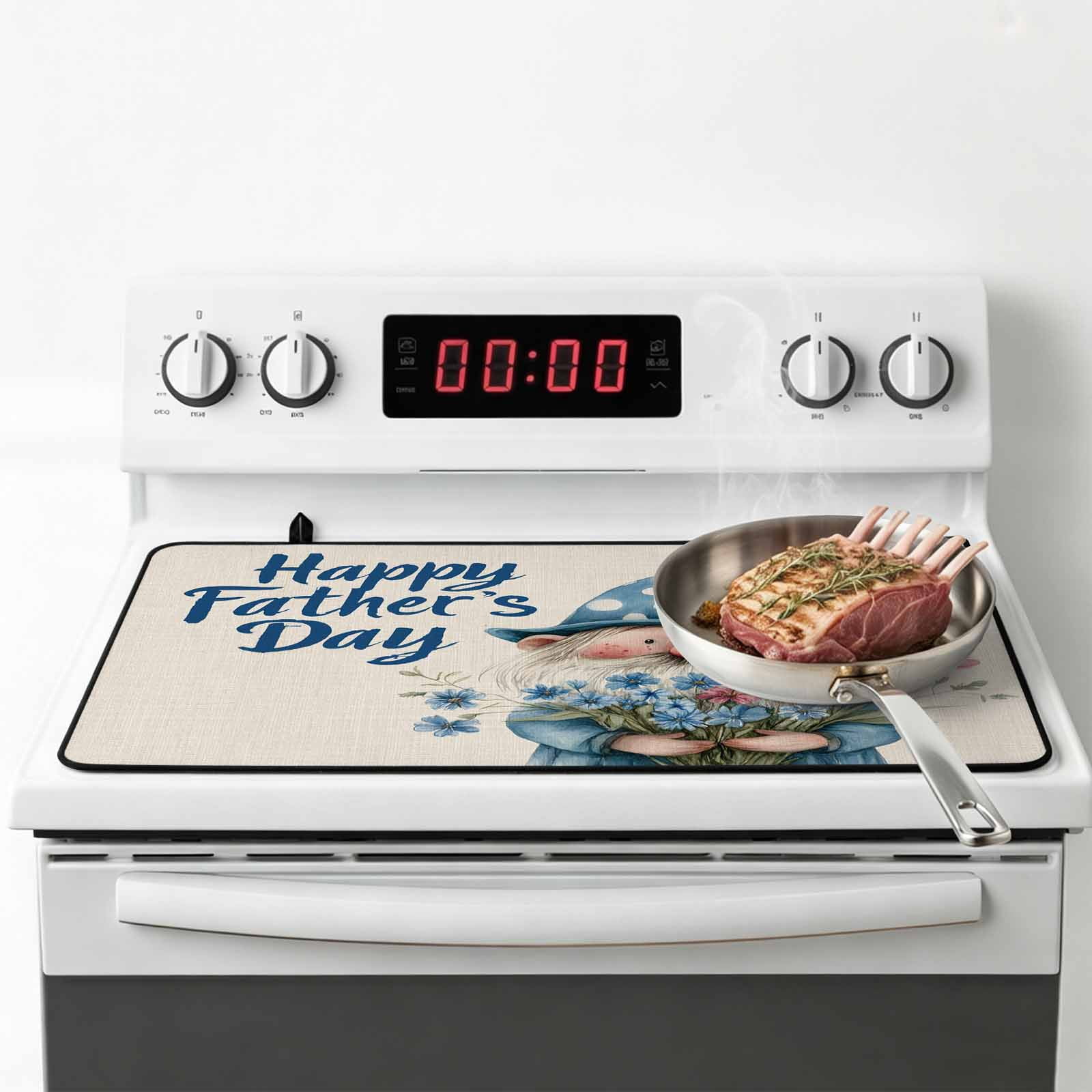 Happy Father's Day Stove Top Cover for Electric Stove, Heat-proof & Non Slip Glass Top Stove Cover Protector, Blue Gnomes Floral Linen Kitchen Flat Cooktop Rubber Mat 24x21 Inches
