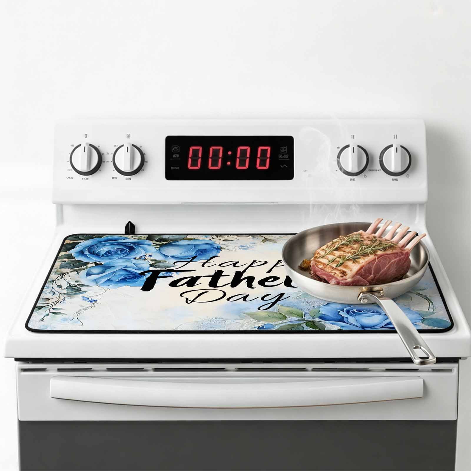 Happy Father's Day Stove Top Cover for Electric Stove, Heat-proof & Non Slip Glass Top Stove Cover Protector, Blue Spring Garden Floral Kitchen Flat Cooktop Rubber Mat 24x21 Inches
