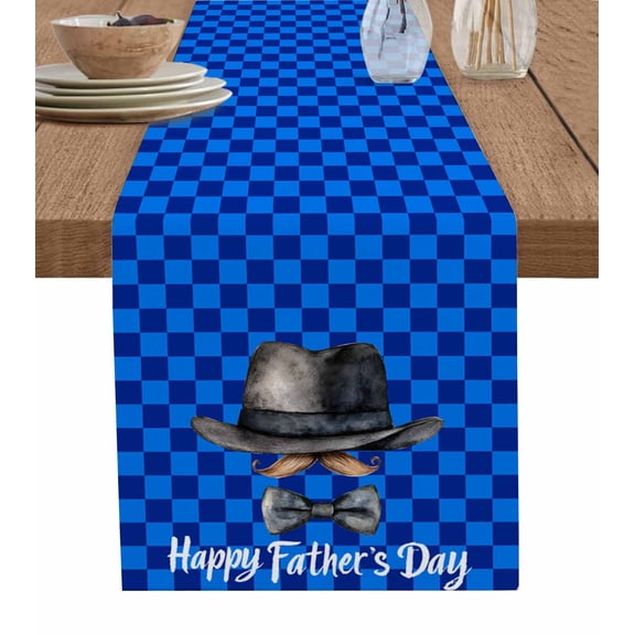 Happy Father's Day Table Runner 36 Inches, Funny Bow Beard Blue Check Bed Runner Dresser Scarves Tabletop for Indoor Outdoor Parties/Ceremony/Banquet, 13"x 36"