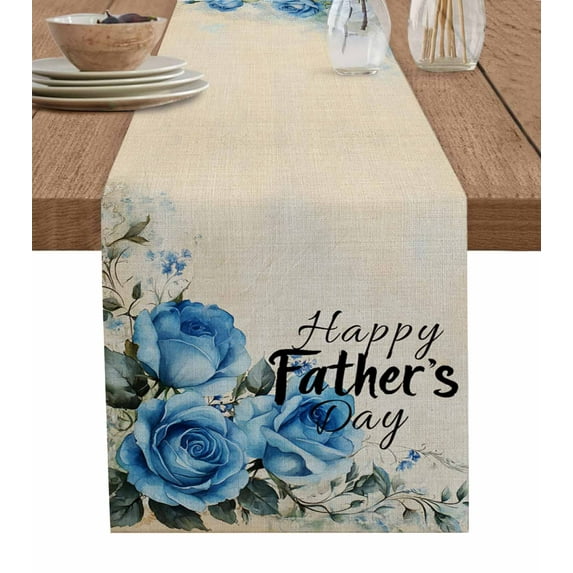 Happy Father's Day Table Runner 70 Inches, Blue Spring Floral Vintage Bed Runner Dresser Scarves Tabletop for Indoor Outdoor Parties/Ceremony/Banquet, 13" x 70"