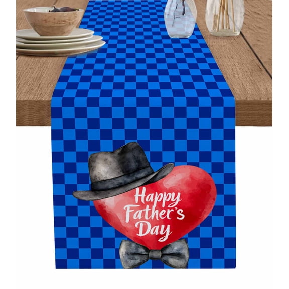 Happy Father's Day Table Runner 70 Inches, Love Bow Blue Check Plaid Bed Runner Dresser Scarves Tabletop for Indoor Outdoor Parties/Ceremony/Banquet, 13" x 70"