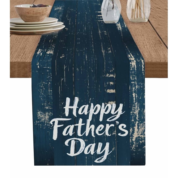 Happy Father's Day Table Runner Cotton Linen 120 Inch Holiday Dresser Scarves, Dark Blue Shabby Wooden Grain Tablerunner for Kitchen Coffee Dining Bedroom Living Room Dinner Scarf Décor 13''x120''