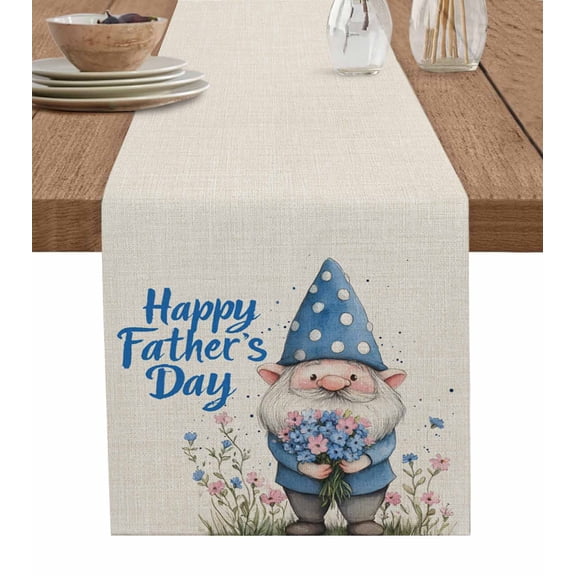 Happy Father's Day Table Runner Cotton Linen 60 Inch Holiday Dresser Scarves, Blue Gnomes Rustic Garden Floral Tablerunner for Kitchen Coffee Dining Bedroom Living Room Dinner Scarf Décor 13''x60''