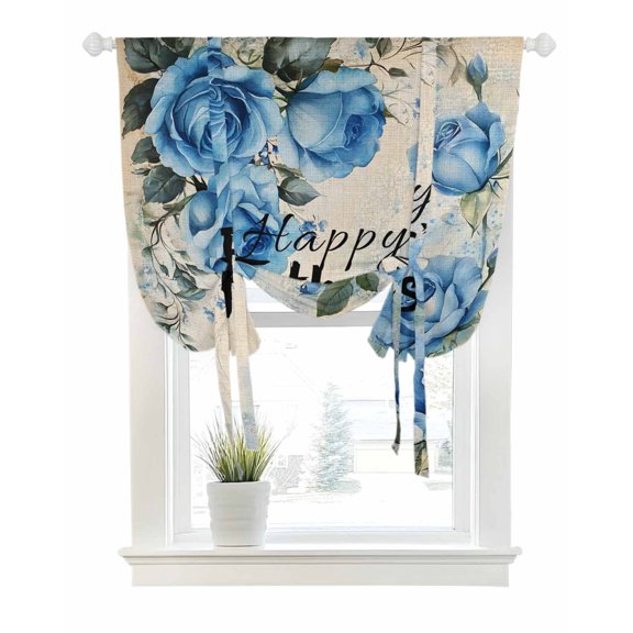 Happy Father's Day Tie Up Curtains for Window, Thermal Insulated Balloon Shade Adjustable Rod Pocket Curtains Valance Panels for Kitchen Bathroom Cafe 42 x 45 Blue Spring Floral Vintage