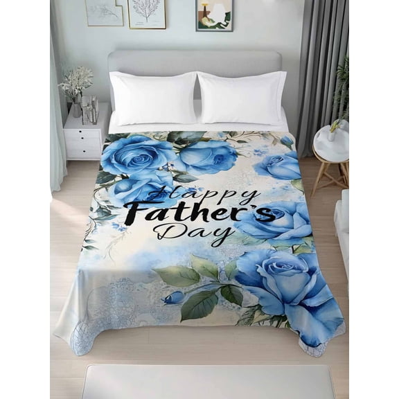 Happy Father's Day Twim Size Flat Sheet, Wrinkleproof & Fadeproof Cooling Flat Bed Sheet Only, Blue Spring Garden Floral Breathable Soft Bedding Top Sheets 66 x 96 Inches